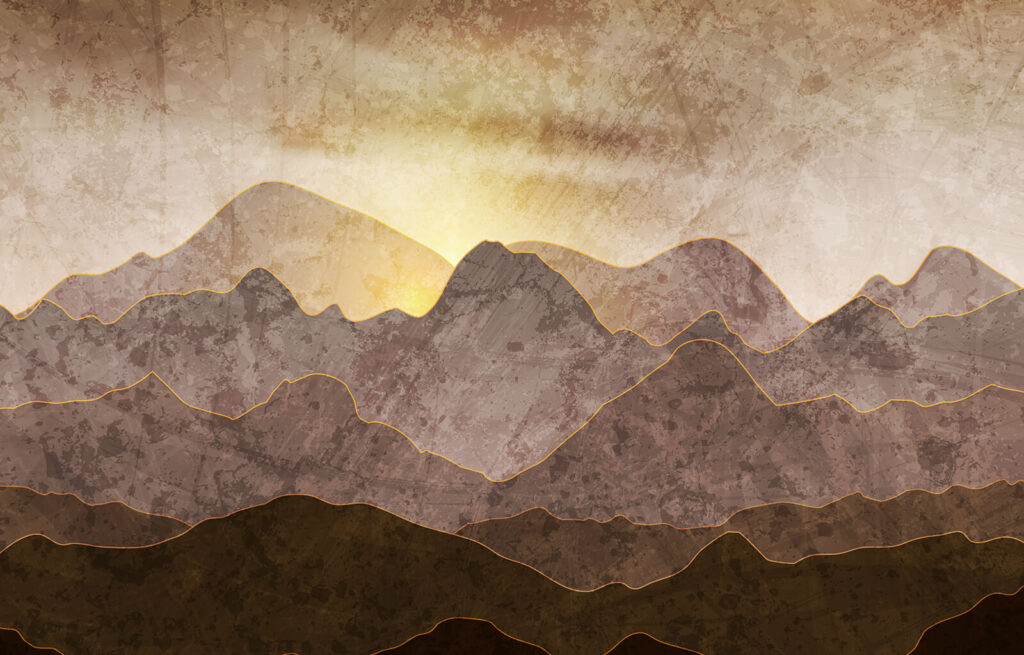 Sol tras montañas marrones — diseño completo