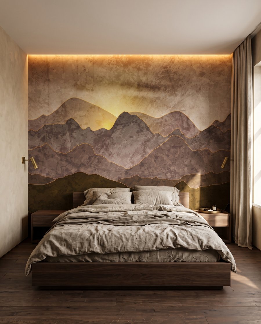 Sol tras montañas marrones en un interior