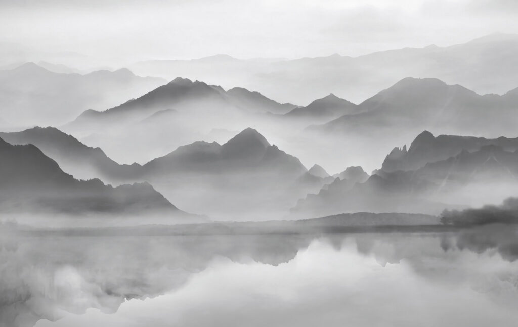 Montañas grises reflejadas — diseño completo