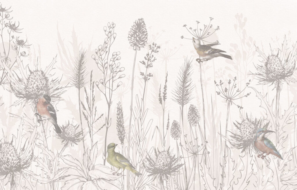 Aves entre hierbas — diseño completo