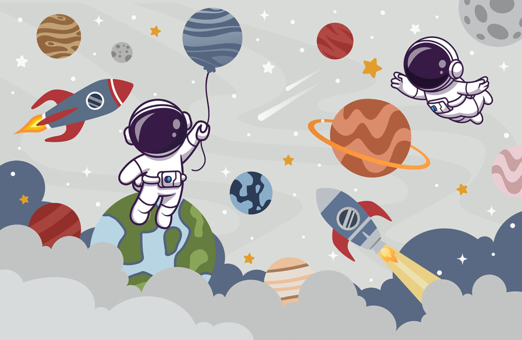 Astronautas entre planetas — diseño completo