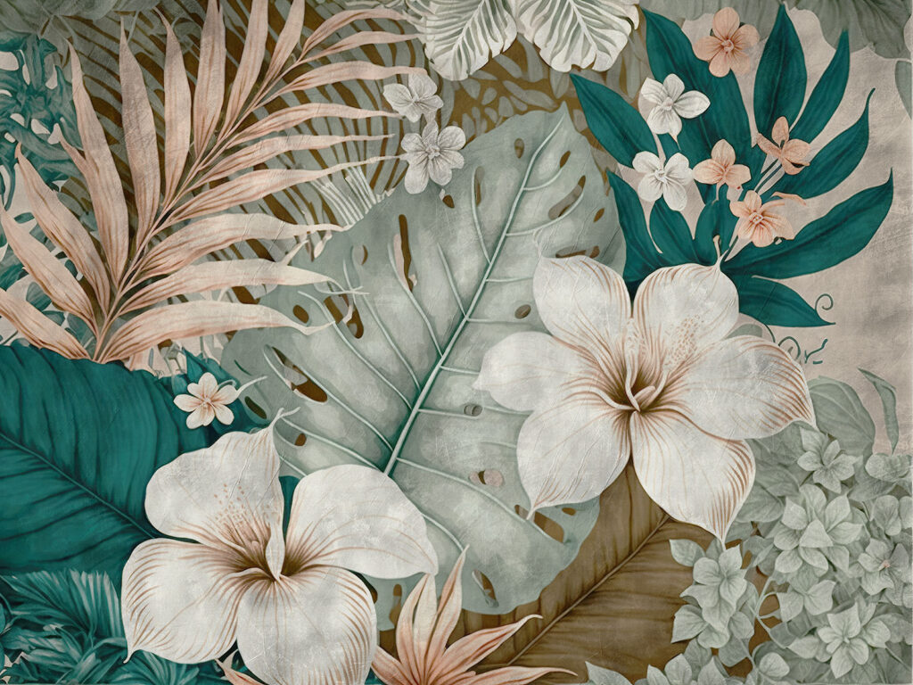 Flores blancas, hojas turquesa — diseño completo