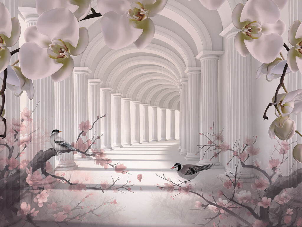 Pájaros entre arcos florales — diseño completo