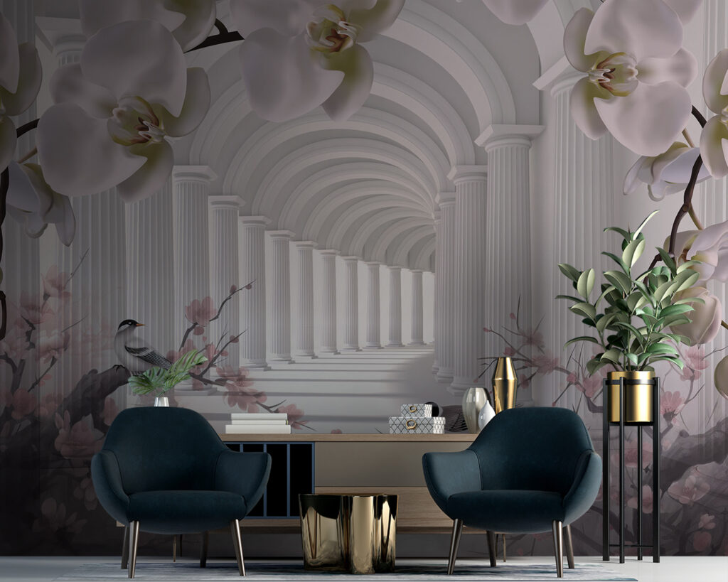 Pájaros entre arcos florales — interior 1