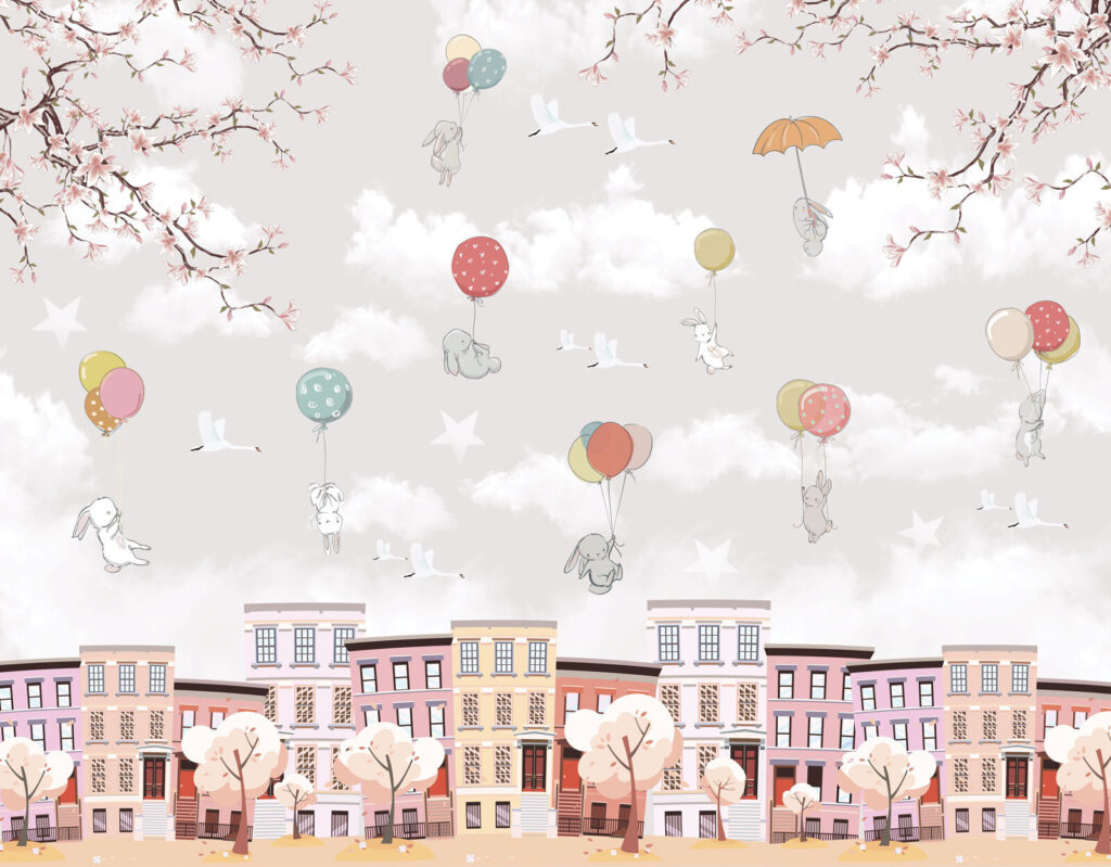 Animales sobre casas pastel — diseño completo