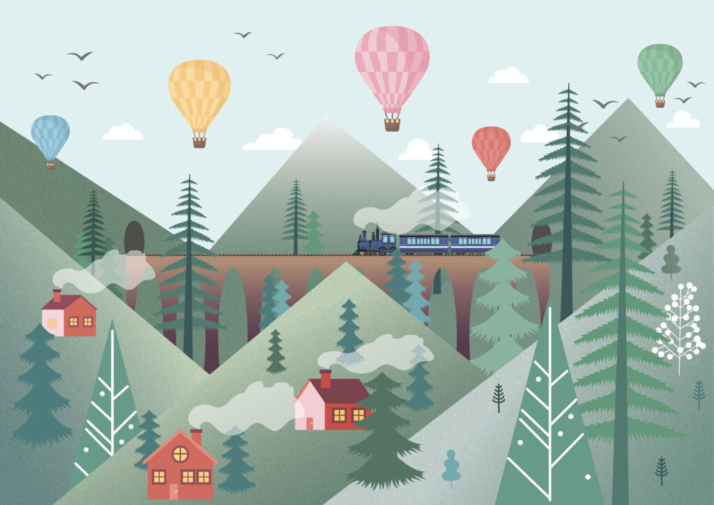 Tren bajo globos — diseño completo