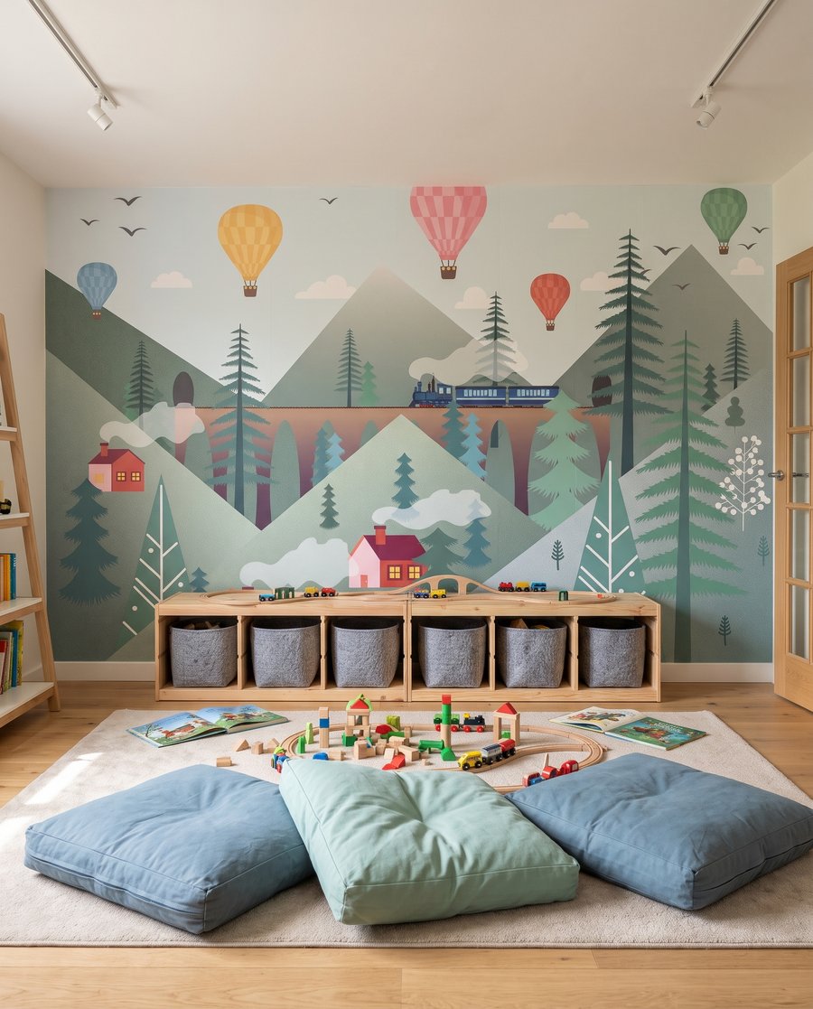 Tren bajo globos en un interior