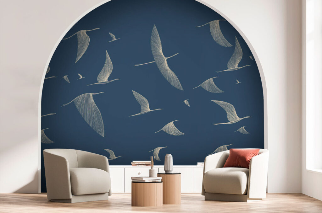 Pájaros en líneas azules en un interior
