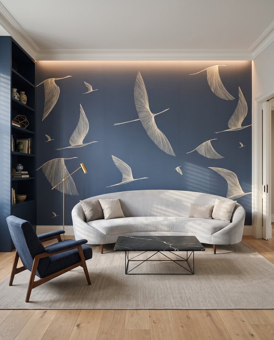 Pájaros en líneas azules en un interior