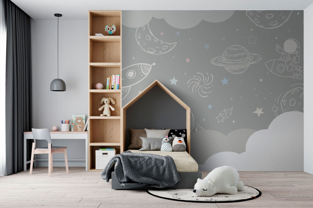 Dibujos espaciales sobre nubes en un interior