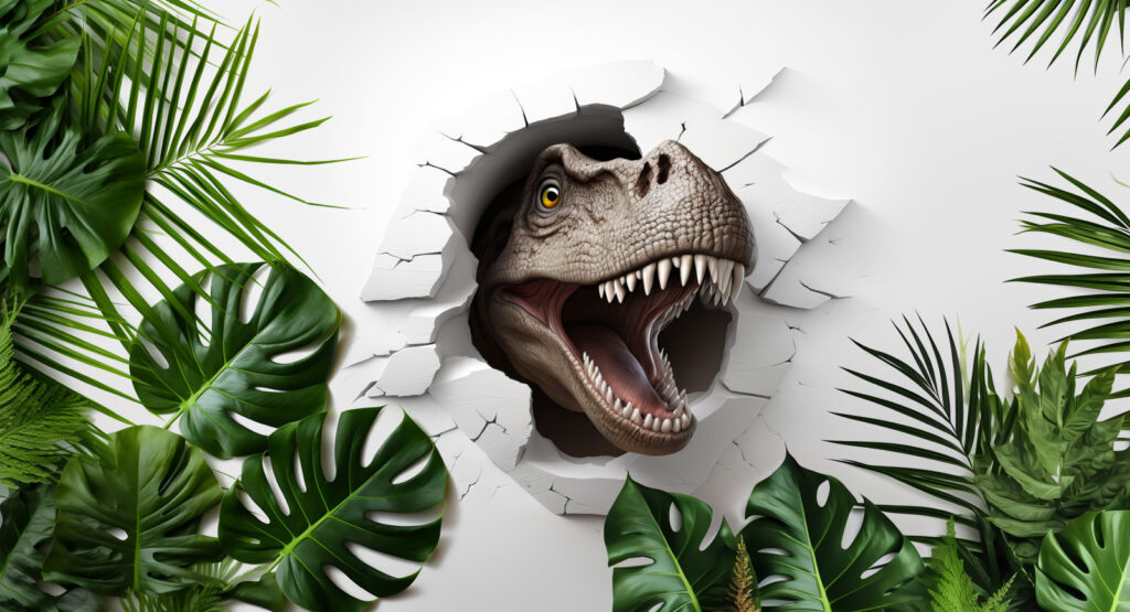 Dinosaurio entre hojas verdes — diseño completo