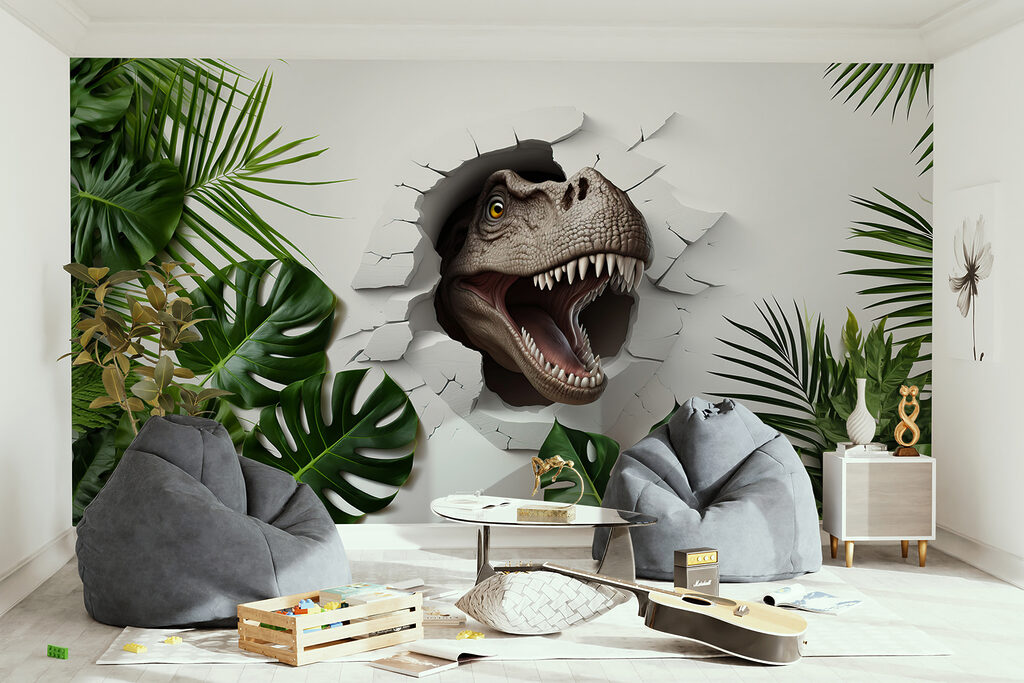 Dinosaurio entre hojas verdes — interior 2