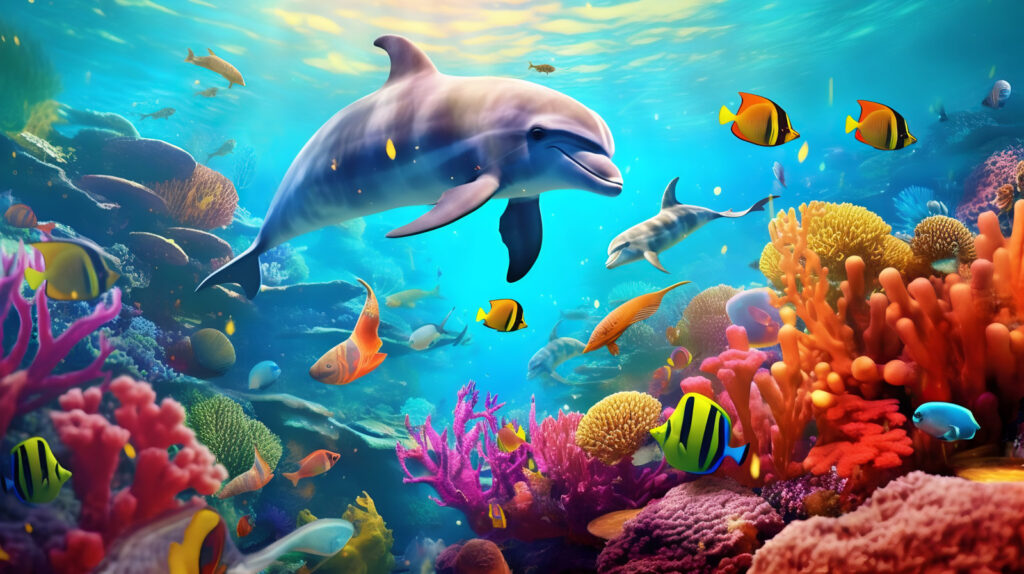 Delfín entre coral colorido — diseño completo