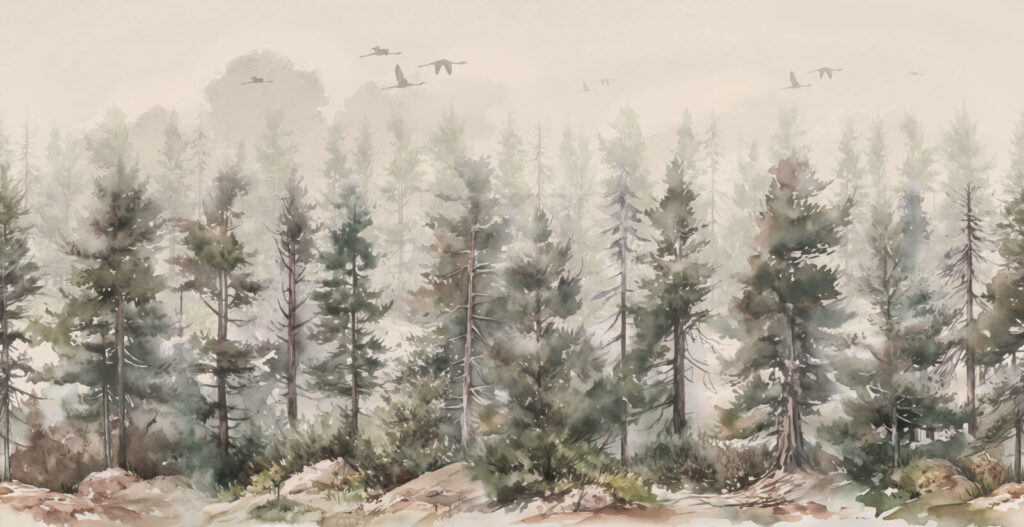 Pinos en niebla arenosa — diseño completo
