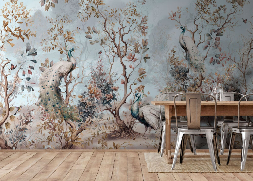 Bosque de pájaros pálidos en un interior