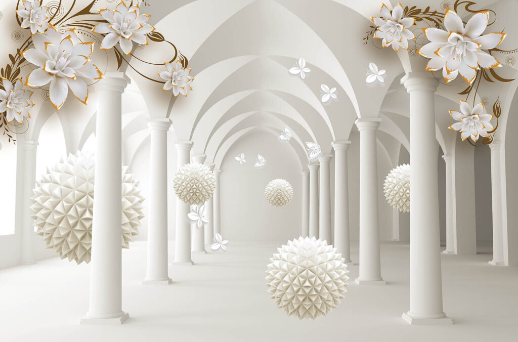 Esferas blancas bajo arcos — diseño completo