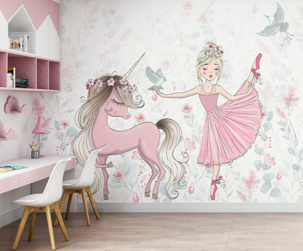 Bailarina y unicornio en un interior