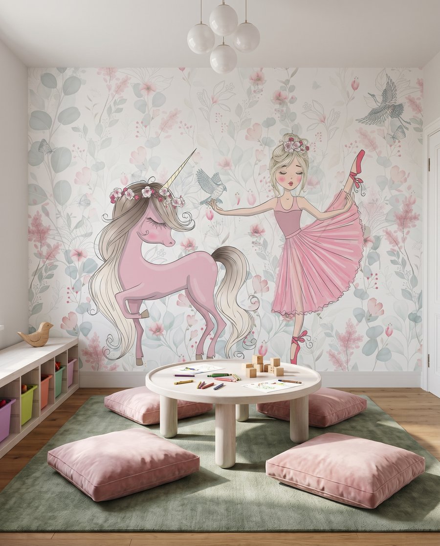 Bailarina y unicornio en un interior