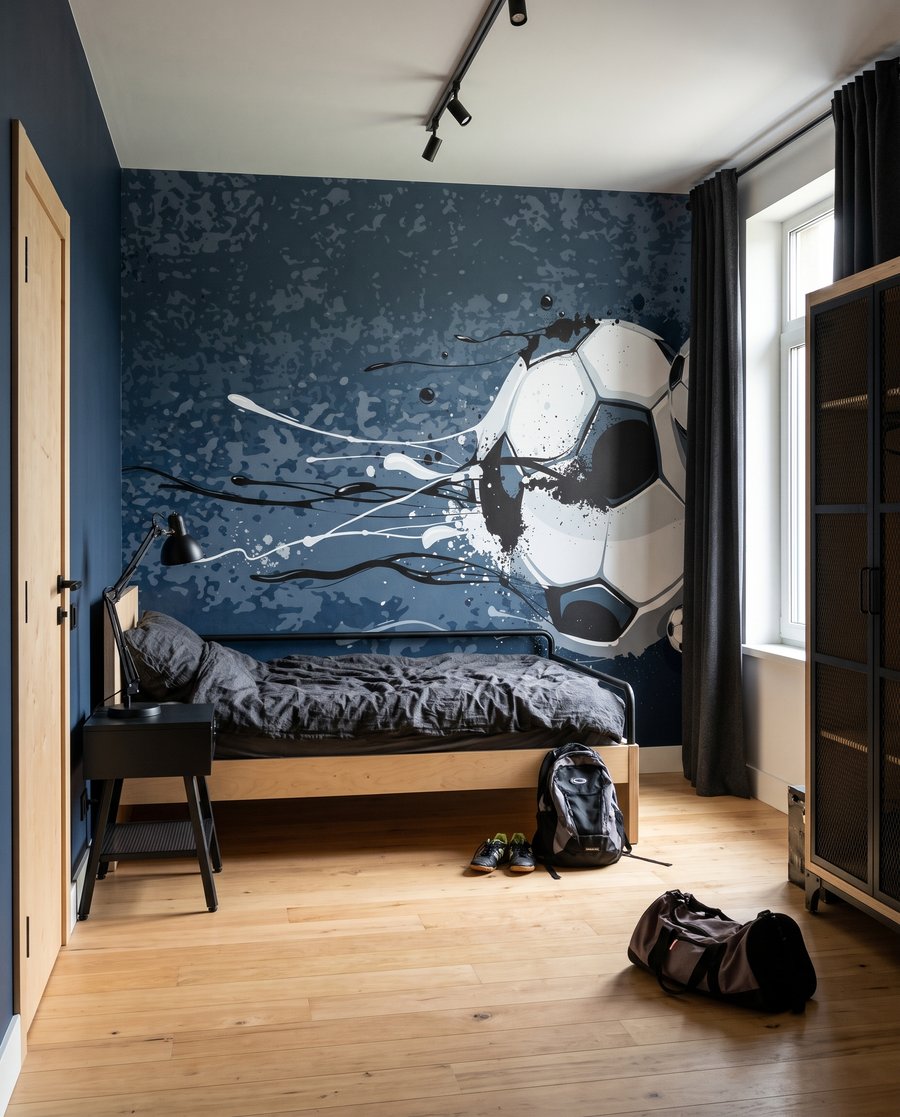 Fútbol entre pintura azul en un interior