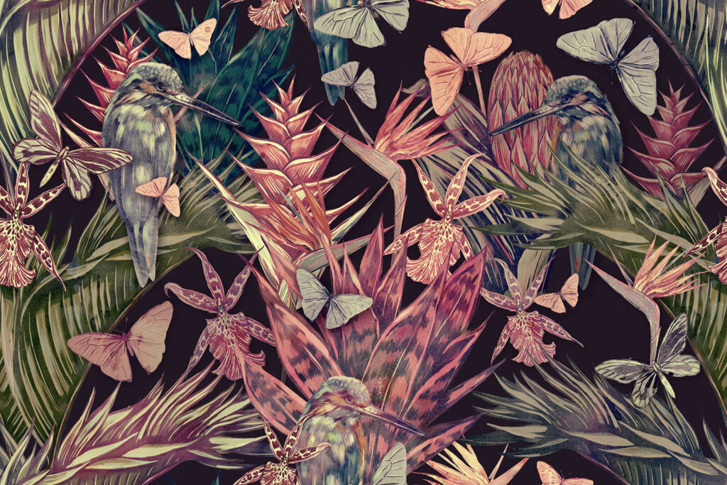 Loros entre plantas tropicales — diseño completo