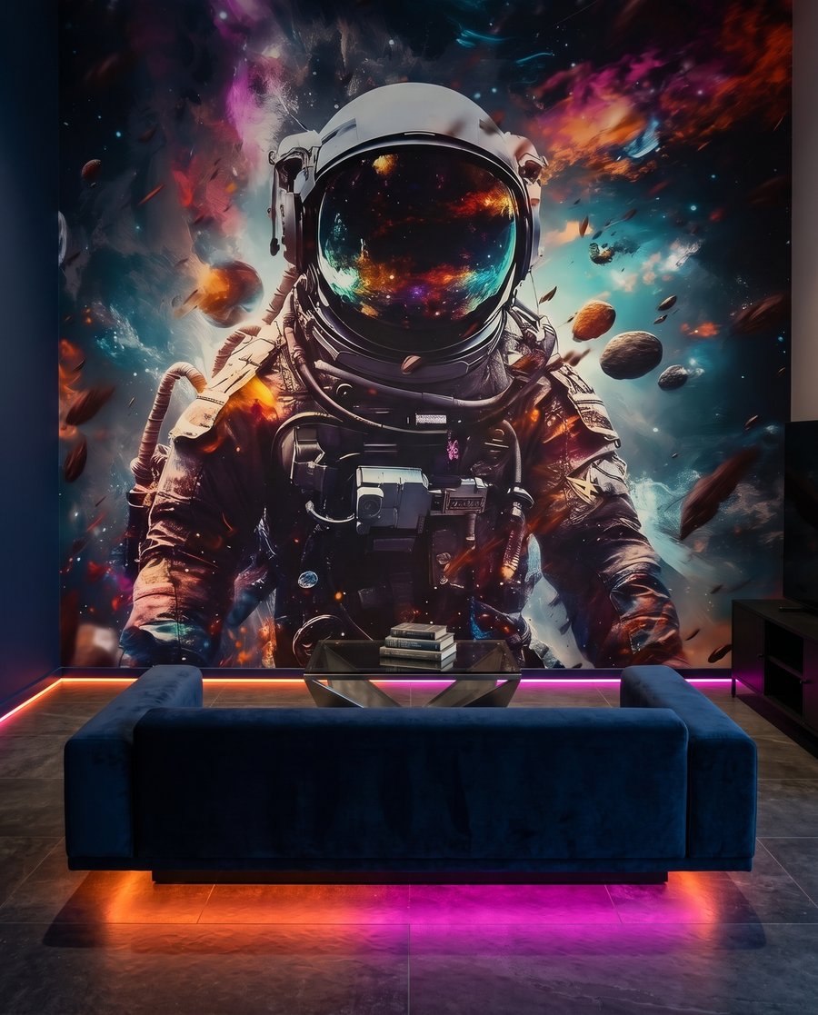 Astronauta con visera brillante en un interior