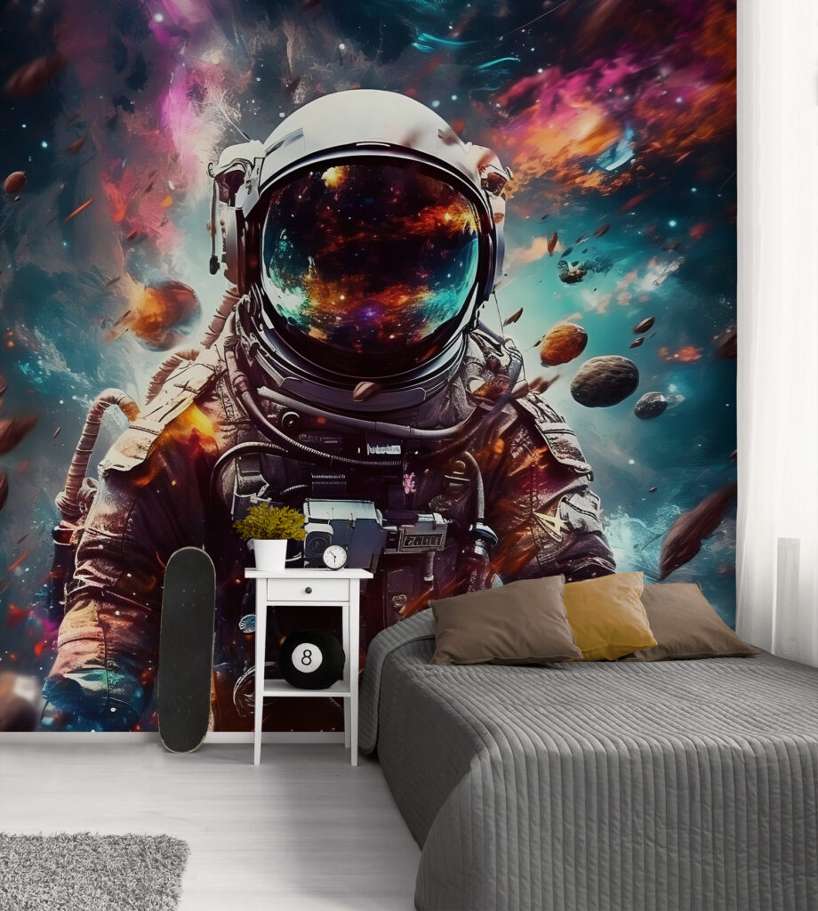Astronauta con visera brillante en un interior
