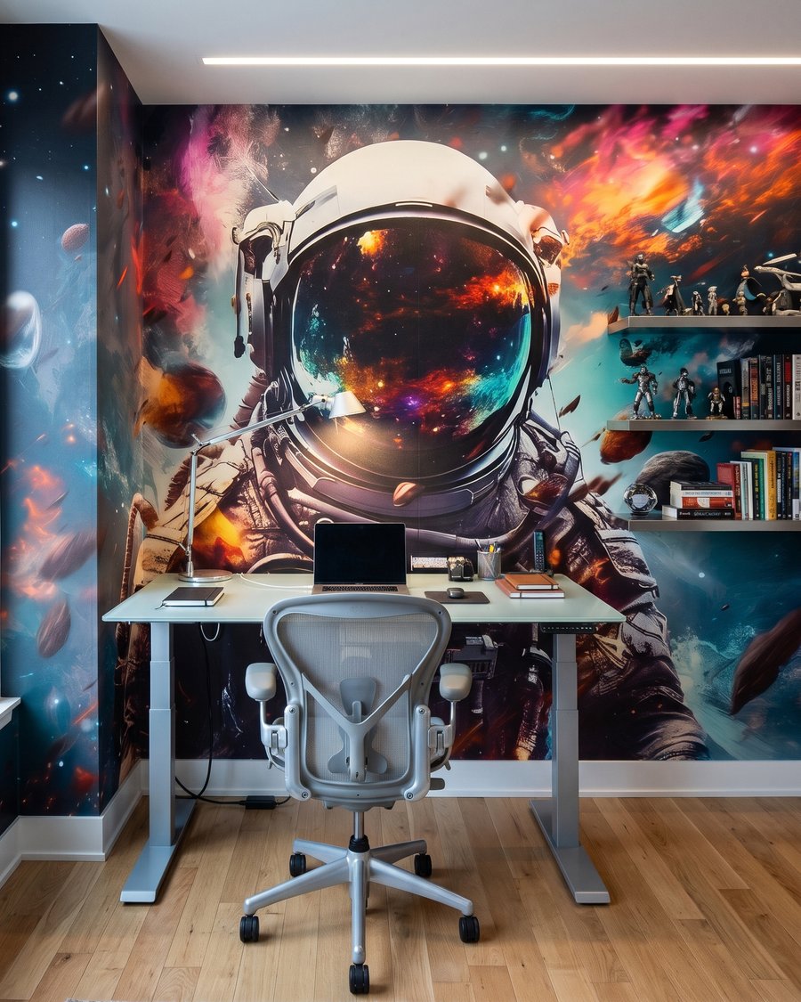 Astronauta con visera brillante en un interior
