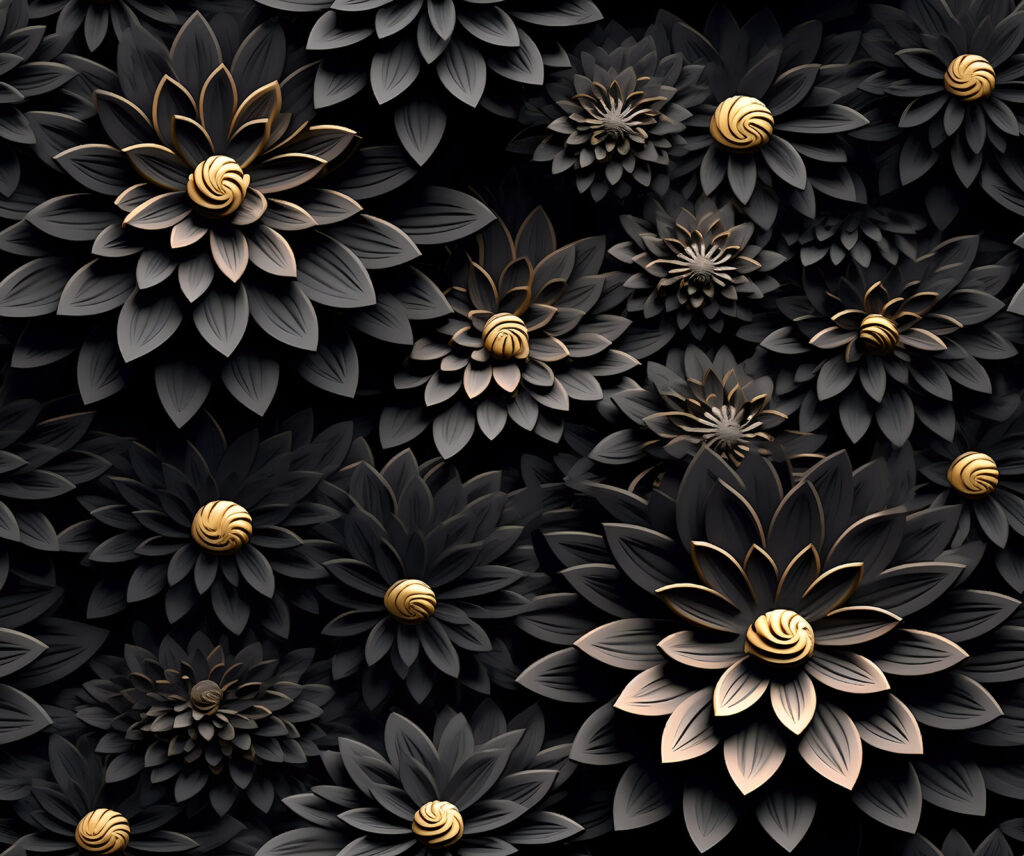 Flores negras, corazones dorados — diseño completo