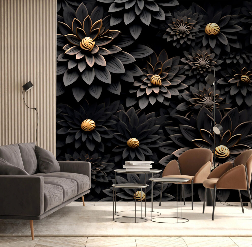Flores negras, corazones dorados en un interior