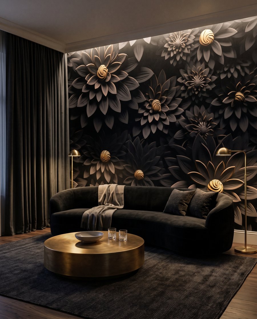 Flores negras, corazones dorados en un interior