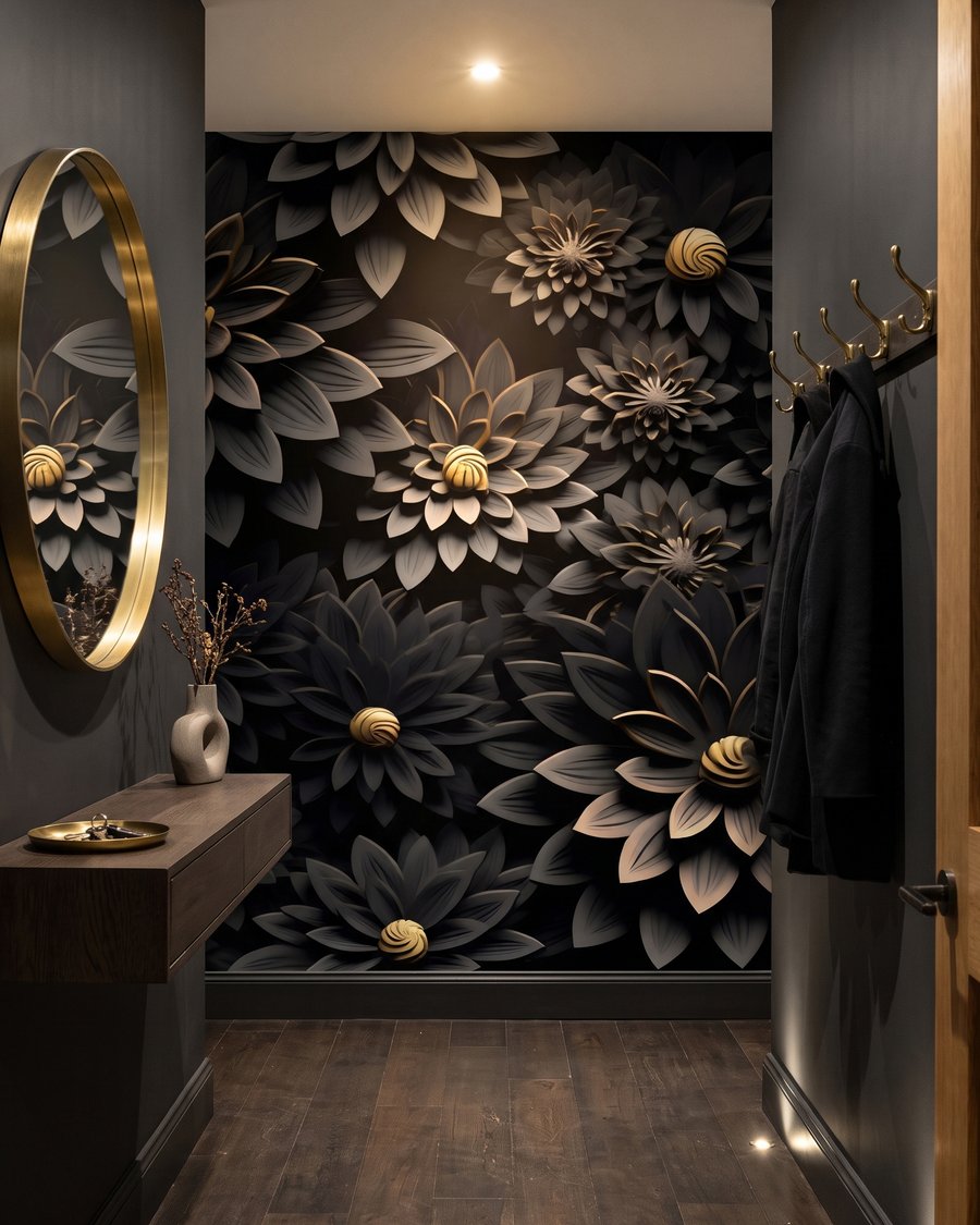 Flores negras, corazones dorados en un interior