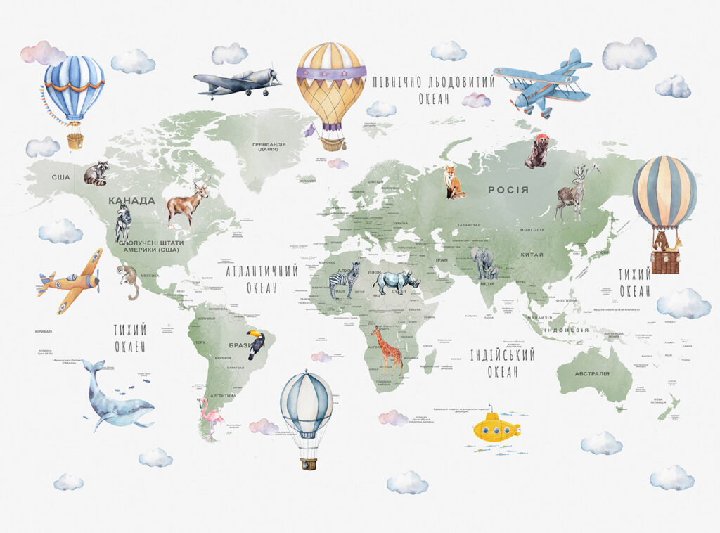 Globos sobre mapa verde — diseño completo