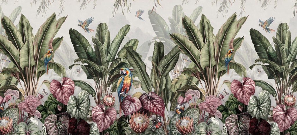 Loros en jardín tropical — diseño completo