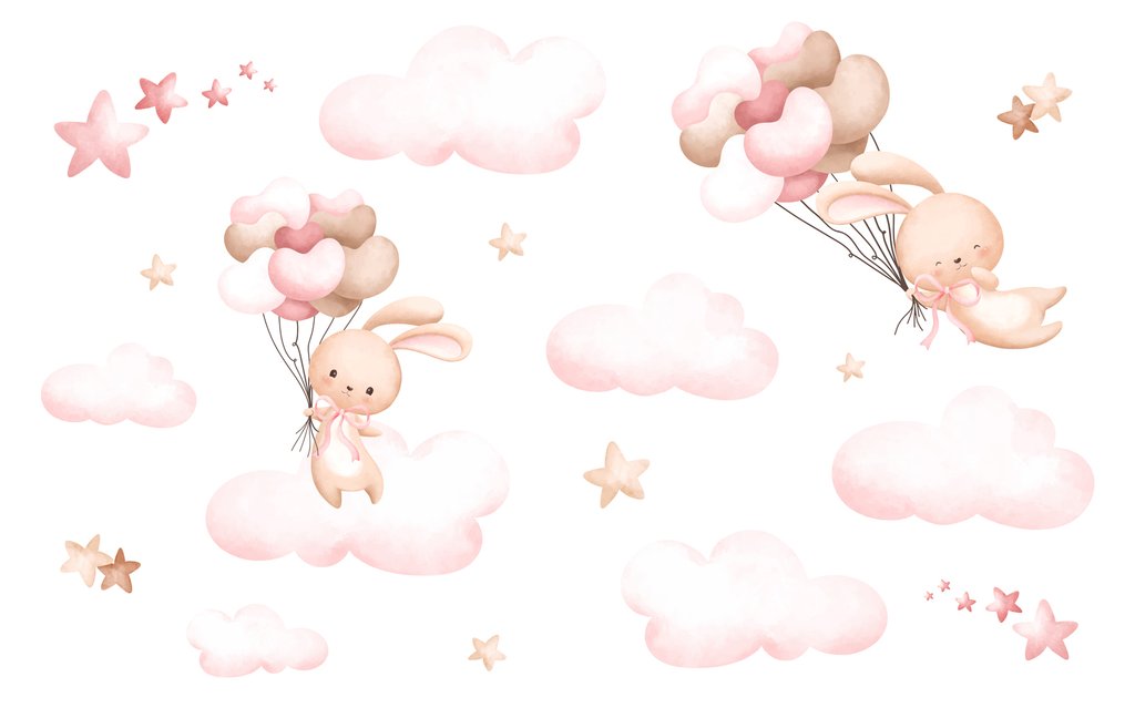 Conejitos sobre nubes rosas — diseño completo