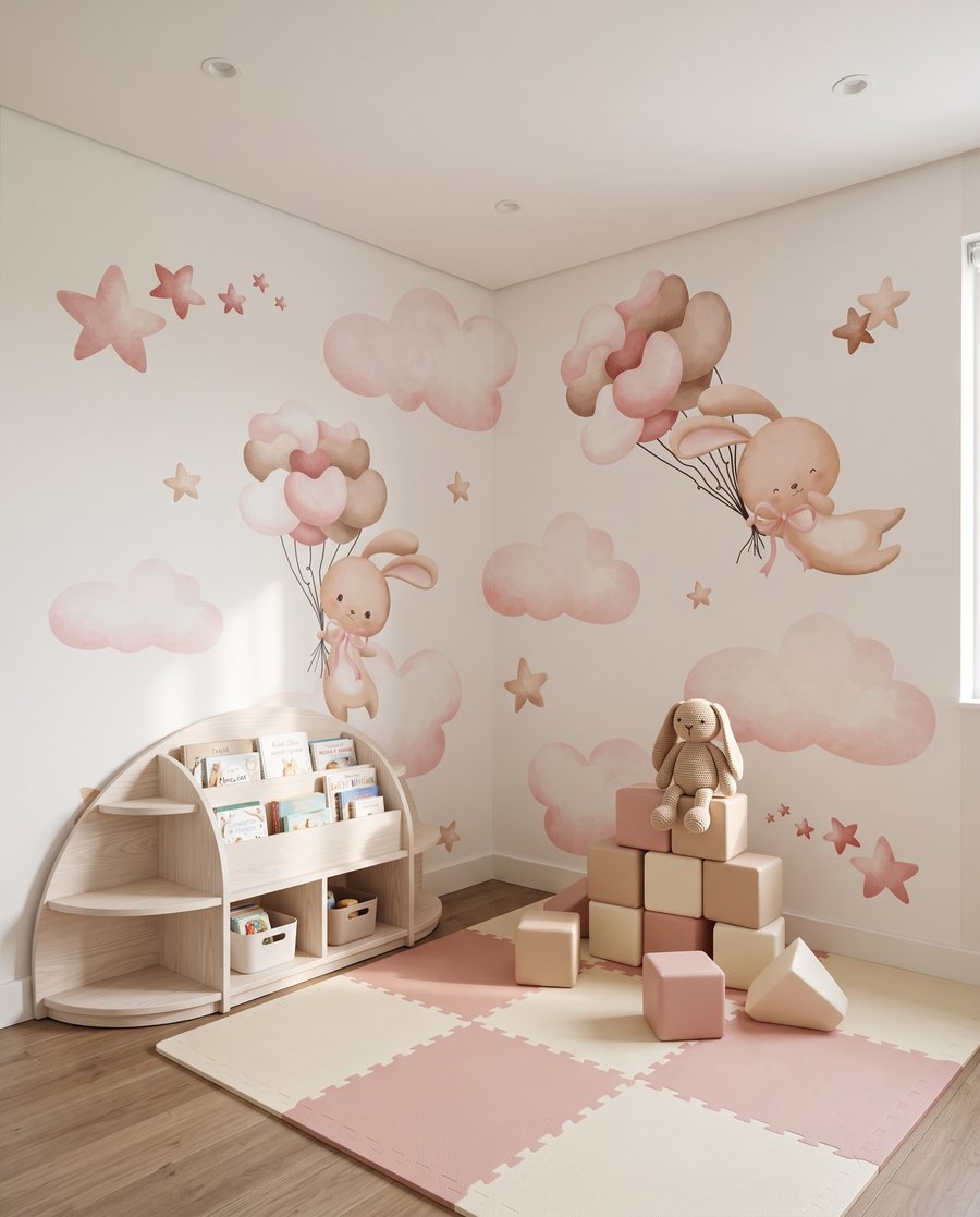 Conejitos sobre nubes rosas en un interior