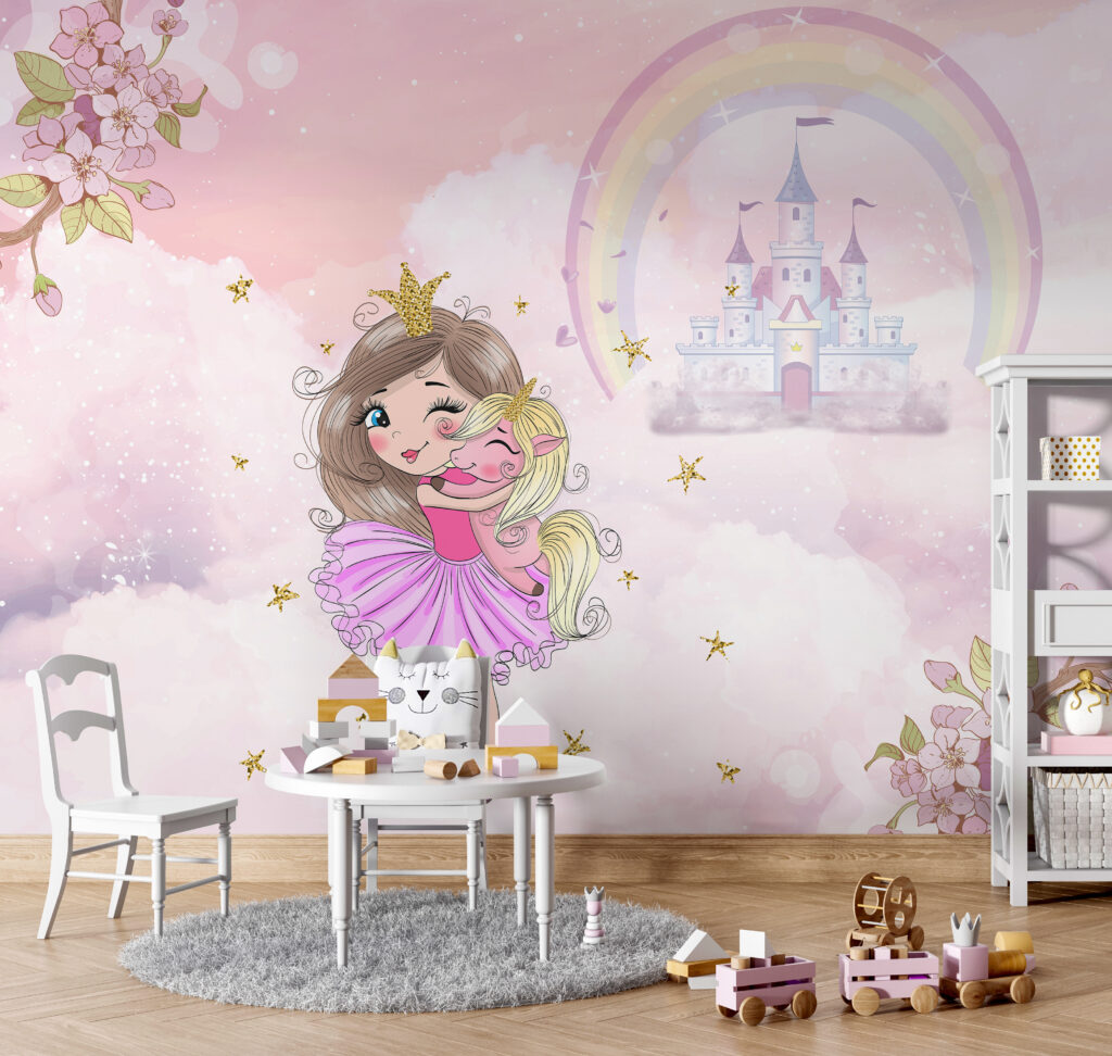 Princesa y unicornio en un interior