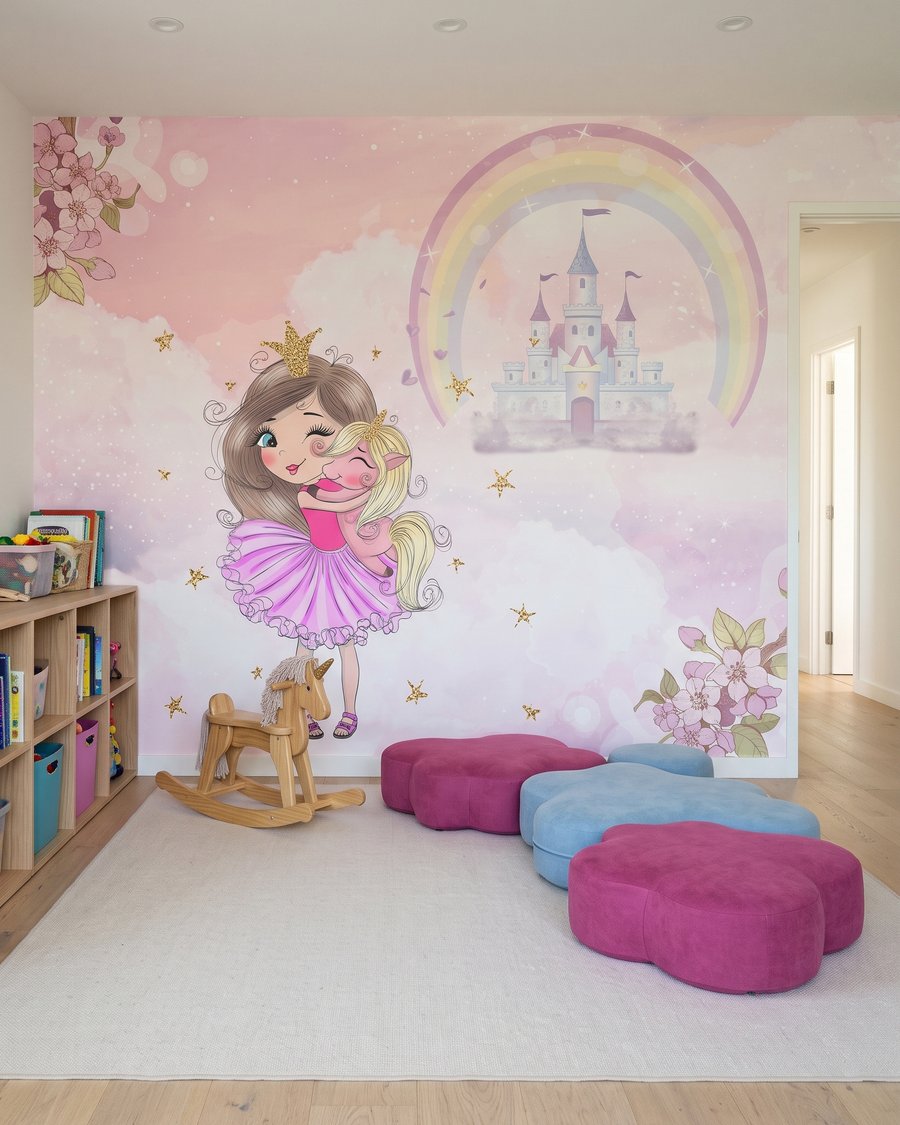 Princesa y unicornio en un interior