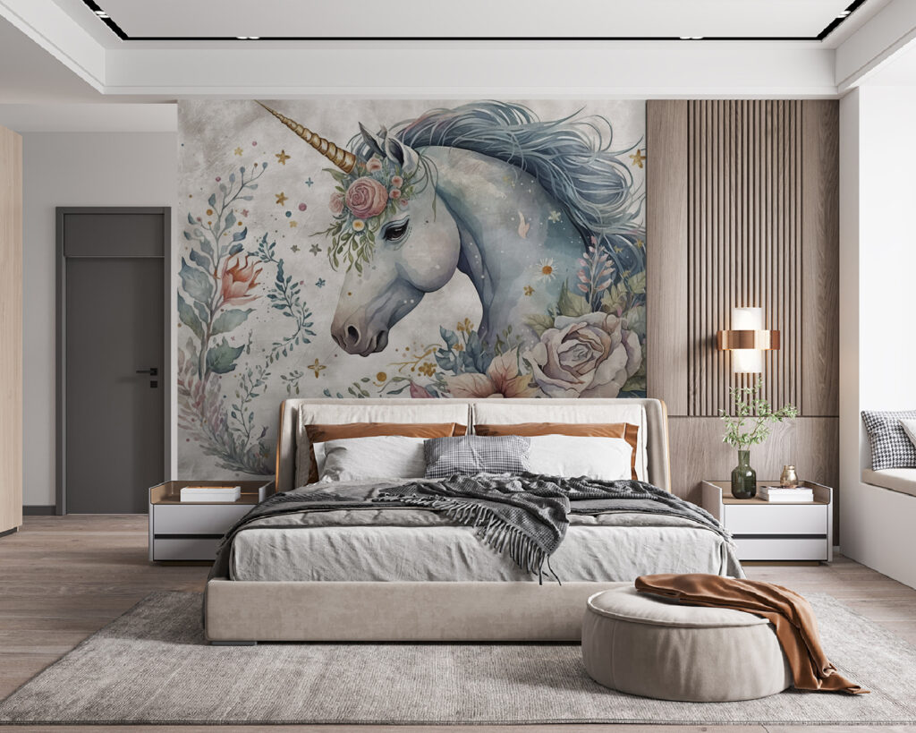 Unicornio con flores en un interior