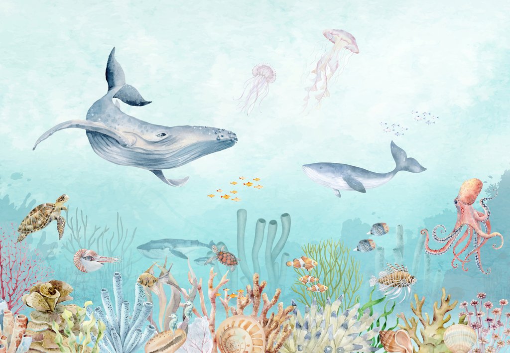 Ballenas entre medusas — diseño completo
