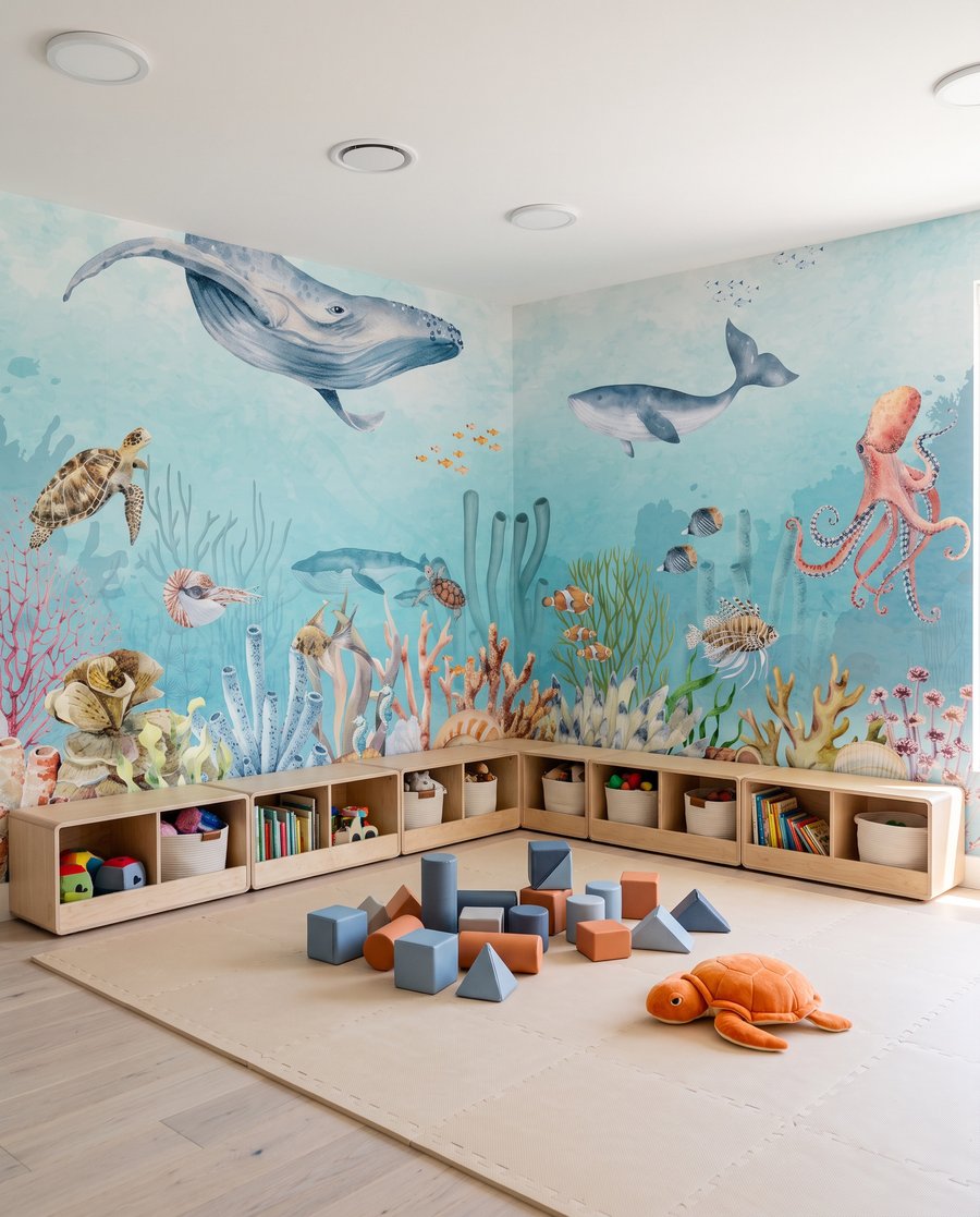 Ballenas entre medusas en un interior