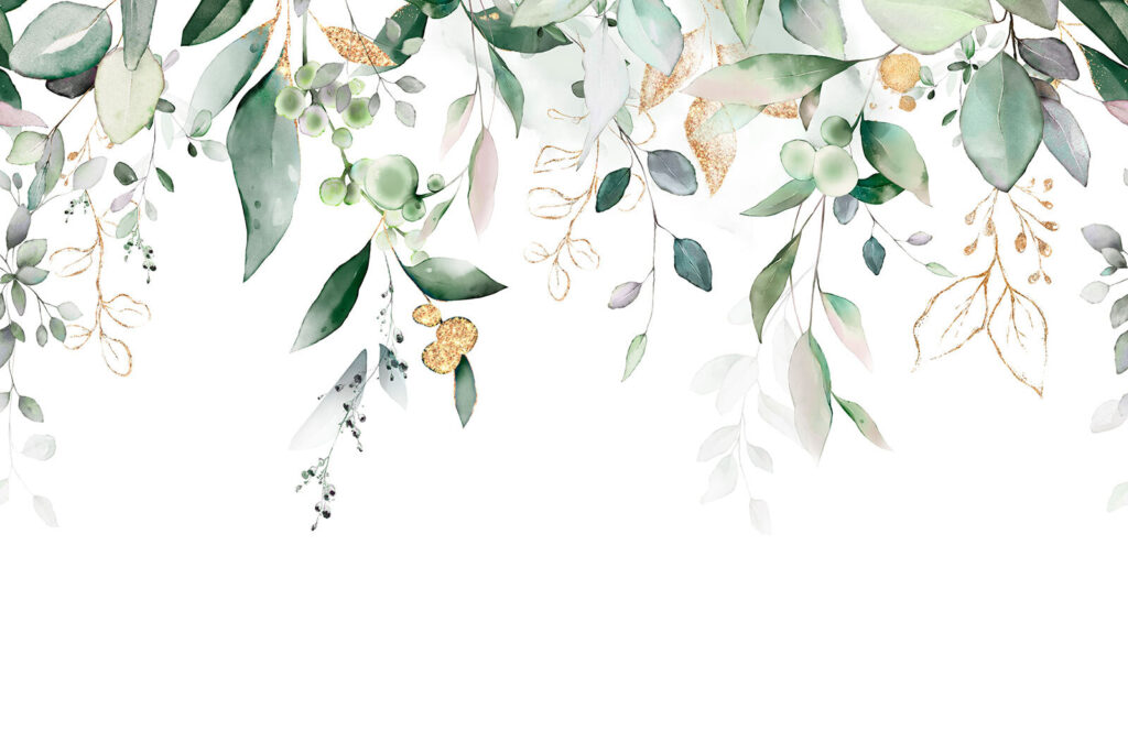 Follaje colgante sobre blanco — diseño completo