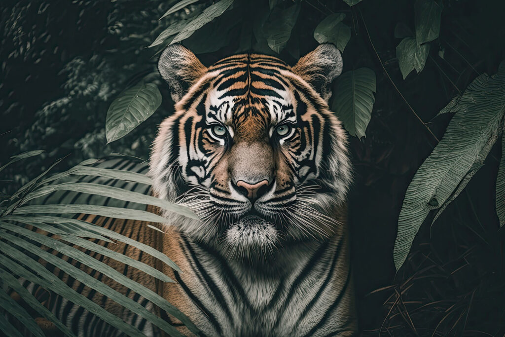 Tigre entre hojas oscuras — diseño completo