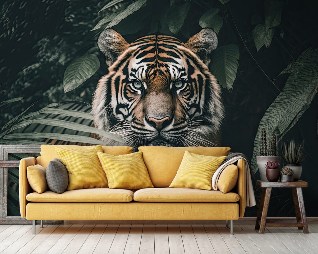 Tigre entre hojas oscuras — interior 2