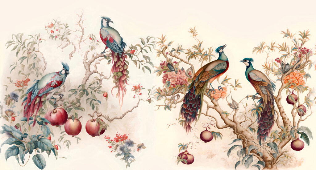 Pavos reales y granadas — diseño completo
