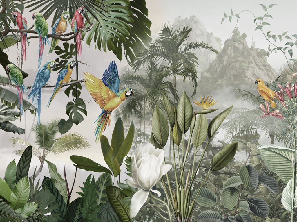 Loros en bosque claro — diseño completo