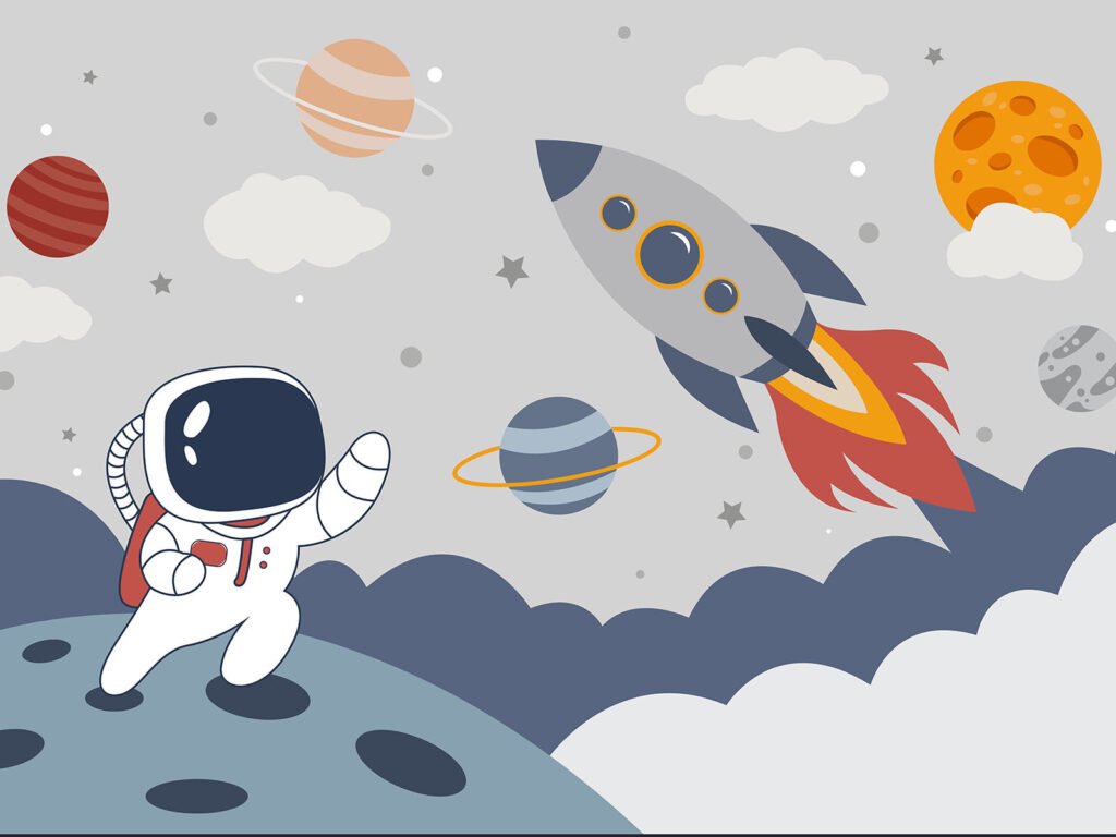 Cohete y pequeño astronauta — diseño completo