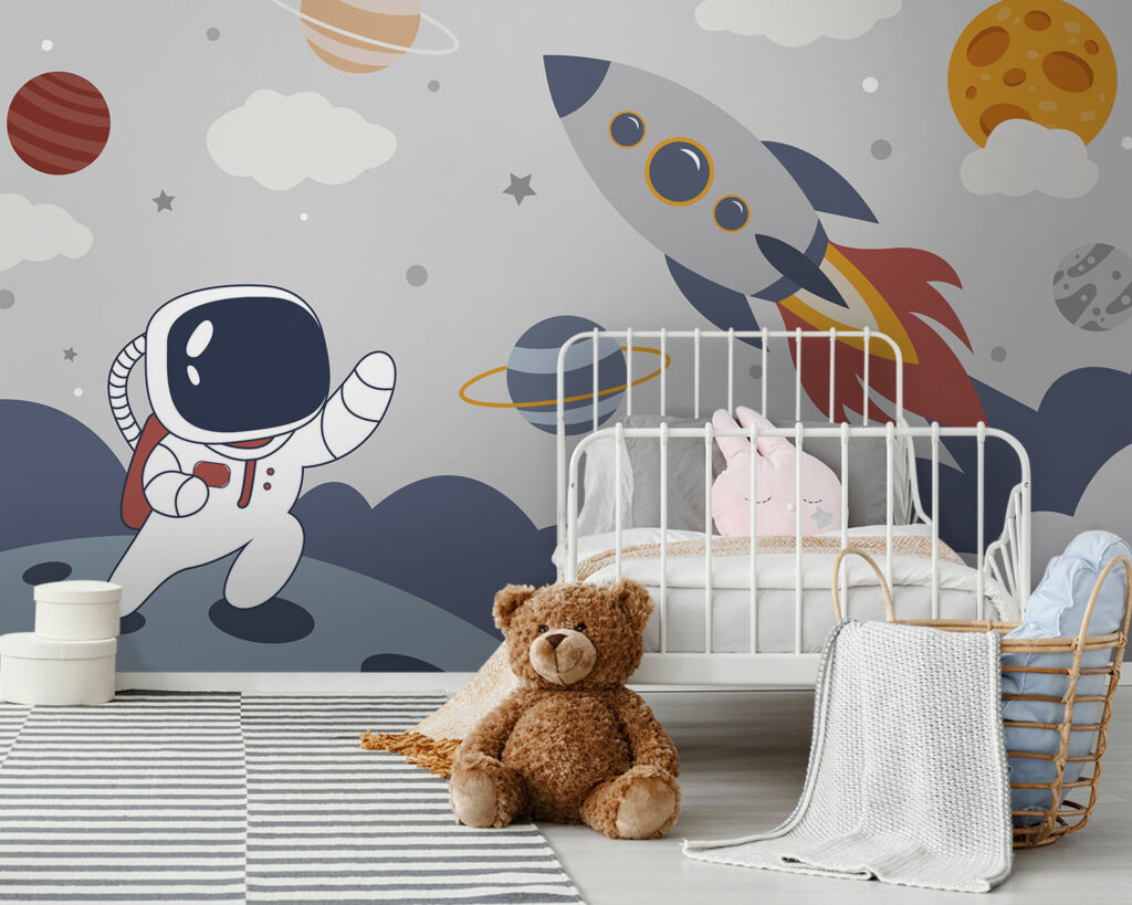 Cohete y pequeño astronauta en un interior