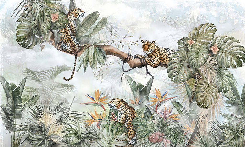 Leopardos entre palmeras — diseño completo