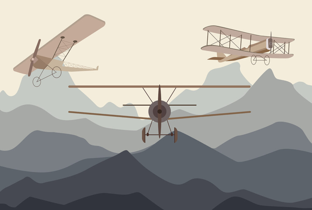 Tres avionetas sobre montañas — diseño completo
