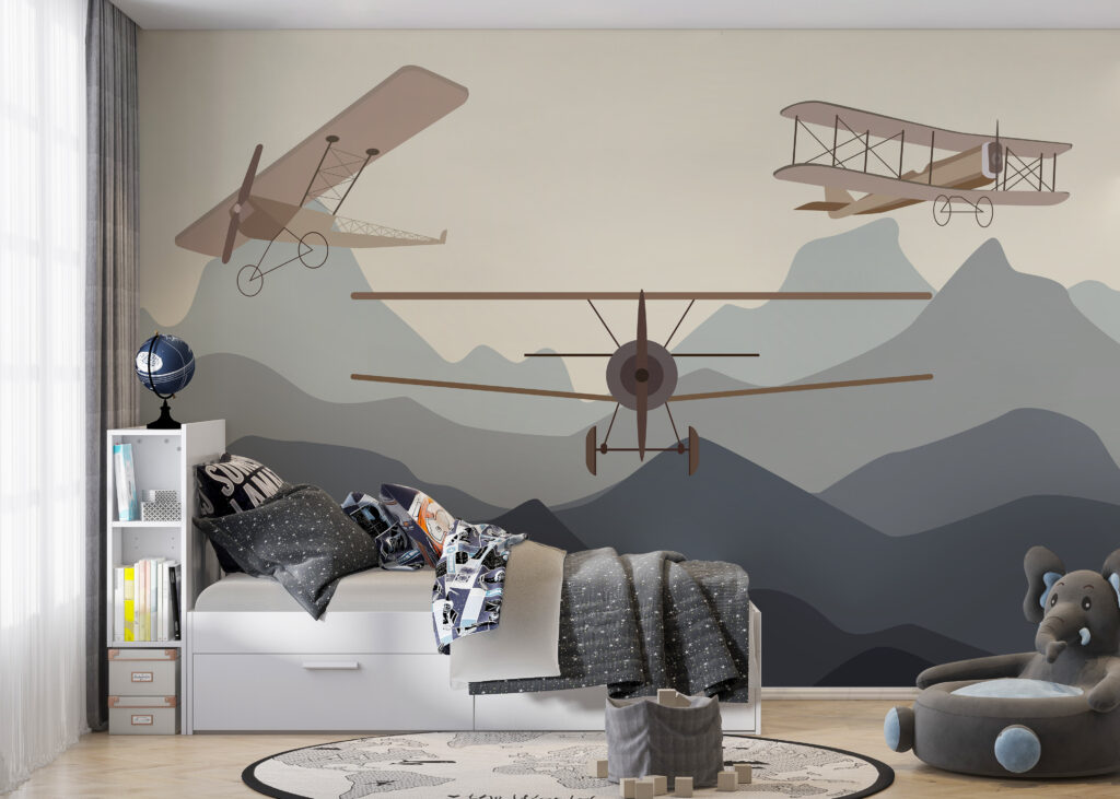Tres avionetas sobre montañas en un interior
